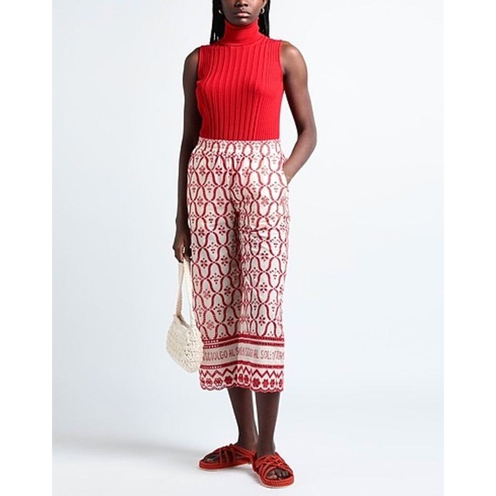 OTTOD'AME Embroidered Red White Crop Casual Palazzo Pants Italy Italian Sz 8 NWT